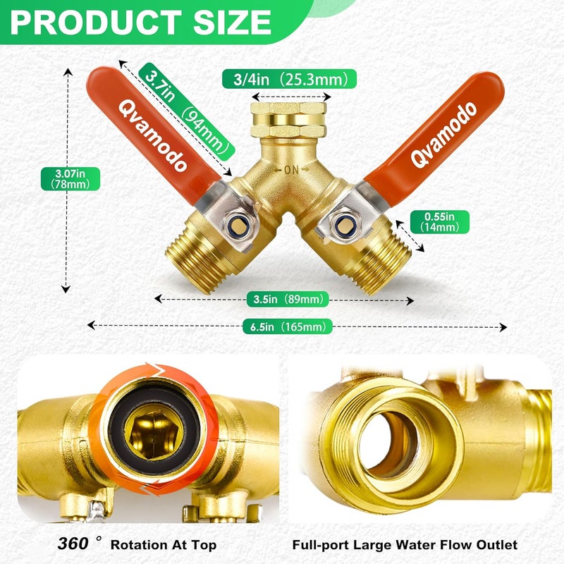 Qvamodo Hose Splitter 2 Way Heavy Duty Garden Hose Y Splitter with Shutoff, Garden Hose Splitter with 304 Stainless Steel Long Handle Outdoor Full Flow Y Valve 3/4 Inch GHT Thread Y Connector for Garden Hose - Image 4